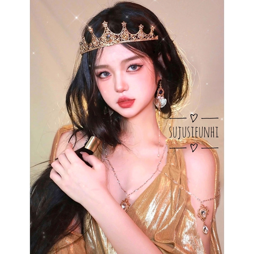 (3 màu) vương miện công chúa đính mặt hình tròn họa tiết lượn sóng xen kẽ dành cho cô dâu, dự tiệc sang trọng