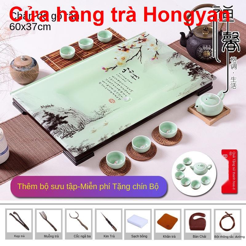 Vần cổ[Tặng bộ ấm trà khi đặt hàng] Loại thoát nước gia dụng Khay kính cường lực Bàn tráng men Kung Fu1