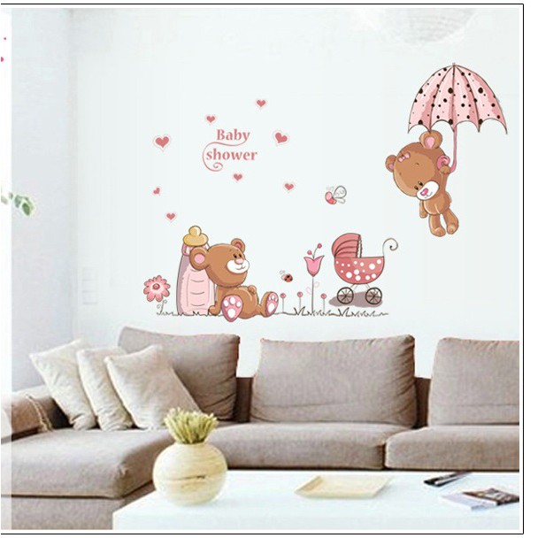 Decal dán tường chú gấu hoạt hình dễ thương cho bé - Tranh dán tường