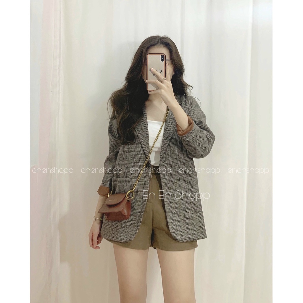 Áo blazer nữ 2 lớp phong cách Hàn Quốc, Áo vest kẻ nữ blazer khoác ngoài đẹp hihishophaha