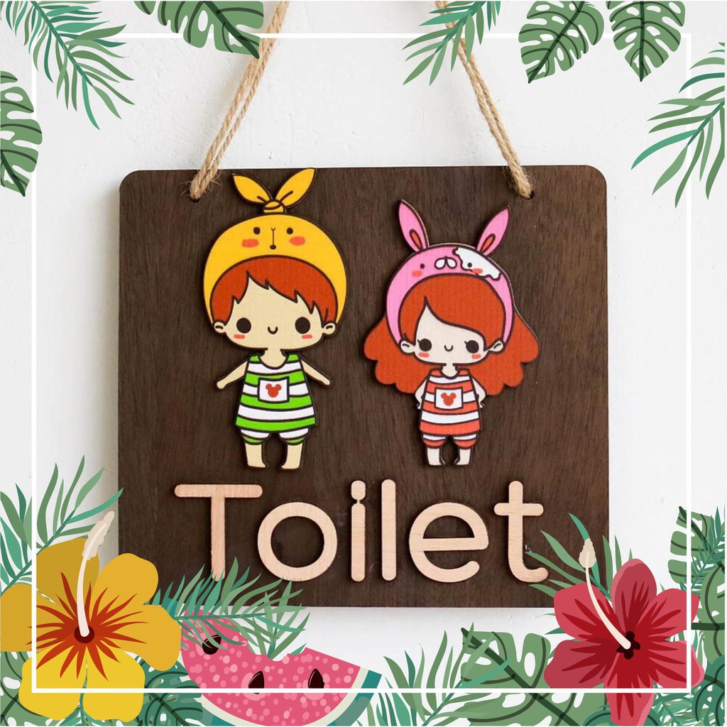 Bảng gỗ trang trí TOILET đôi baby thỏ Siêu dễ thương