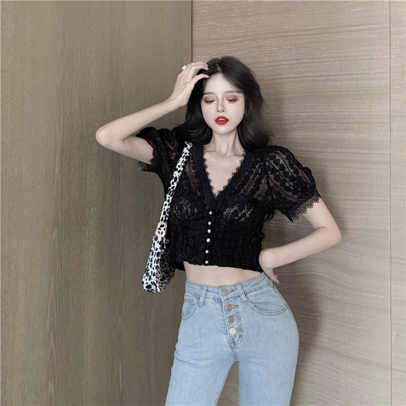 Áo Kiểu Tay Ngắn Cổ Chữ V Phối Ren Hoa Thiết Kế Hợp Thời Trang