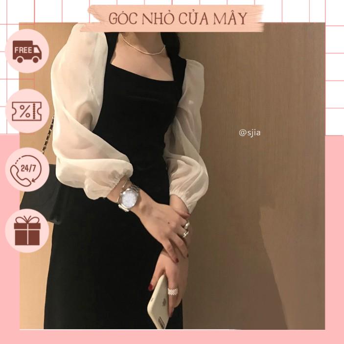 (HÀNG ORDER) Váy nhung cổ vuông phối tay voan GNCM