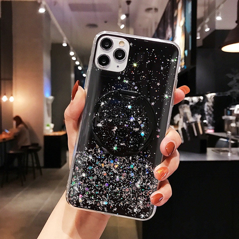 Case iPhone 12 Mini 11 Pro Max 6 6S 7 8 Plus X XR XS XS Max SE 2020 Epoxy Silver Foil Glitter Phone Case With a round mirror