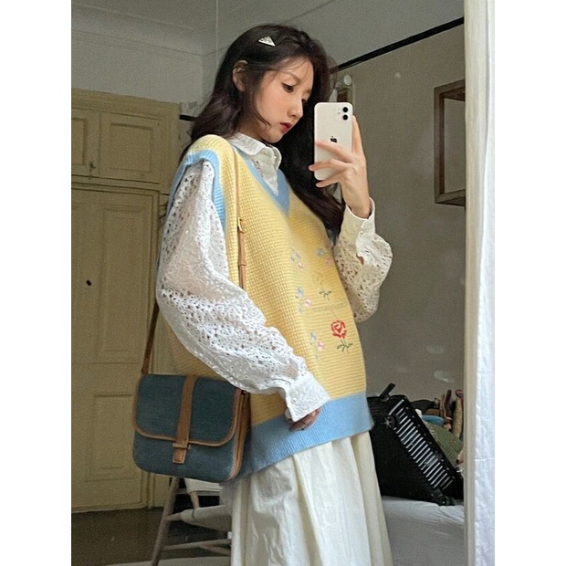 Áo dệt kim không tay thêu hoa phong cách cổ điển thời trang mới