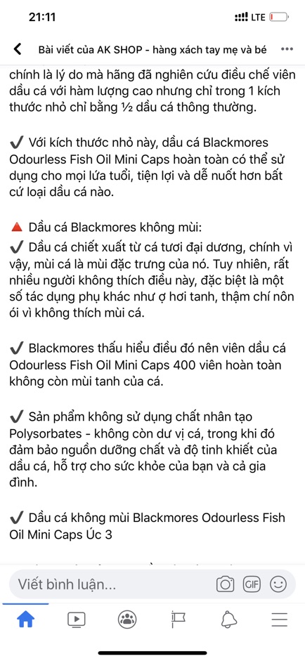 Dầu cá không mùi fish oil blackmores mini caps 400v hàng chính hãng