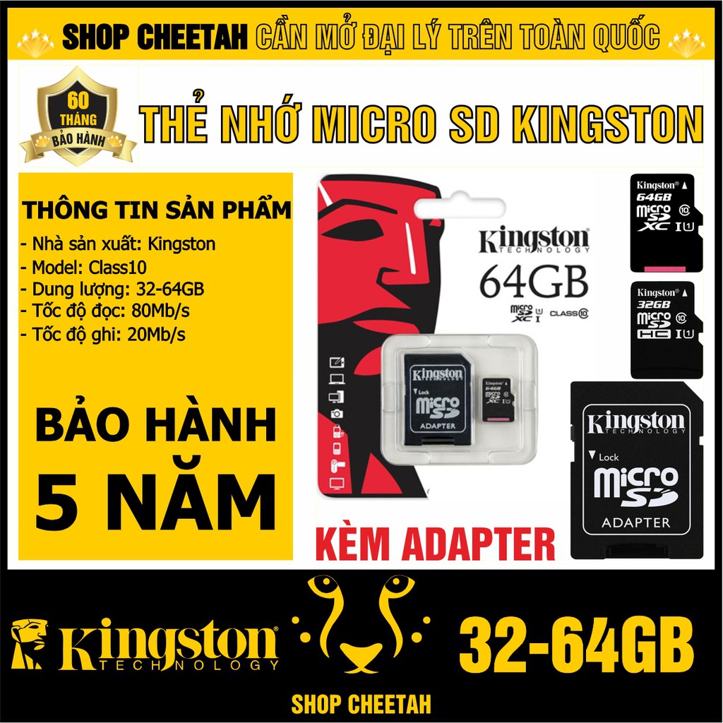 Thẻ nhớ Kingston MircoSD 64GB/32GB – Chính Hãng – Bảo hành 5 năm – Dùng cho Điện thoại – Máy ảnh – Camera – Kèm Adapter