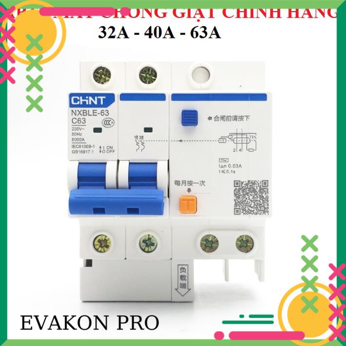 Aptomat chống giật cầu dao chống giật CHINT NXBE 2P 32A 40A 63A chống dòng dò lắp đặt bình nóng lạnh tủ lạnh