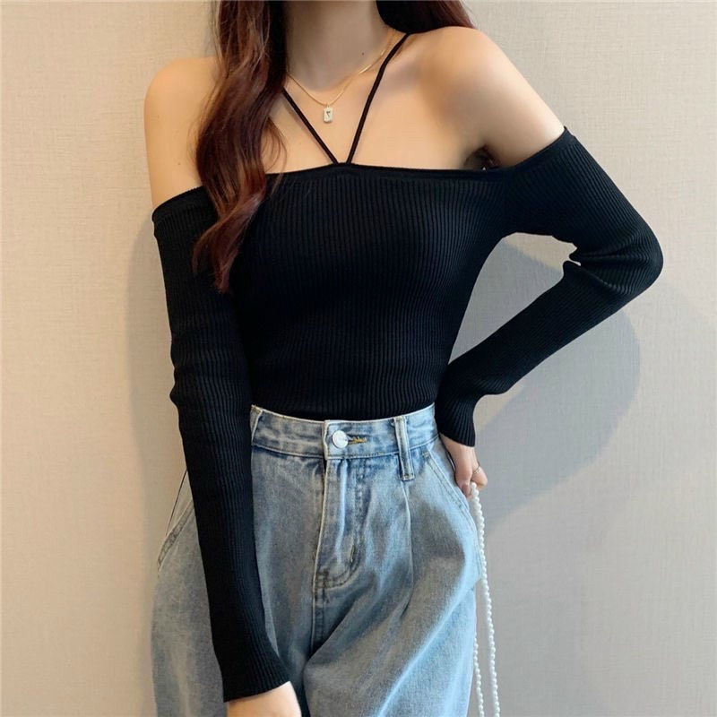 Áo Croptop Trễ Vai Kiểu Yếm Phối Dây Chéo Cổ | áo trễ vai tay dài Chất Thun gân không xù lông - AK0080 | 23tshop