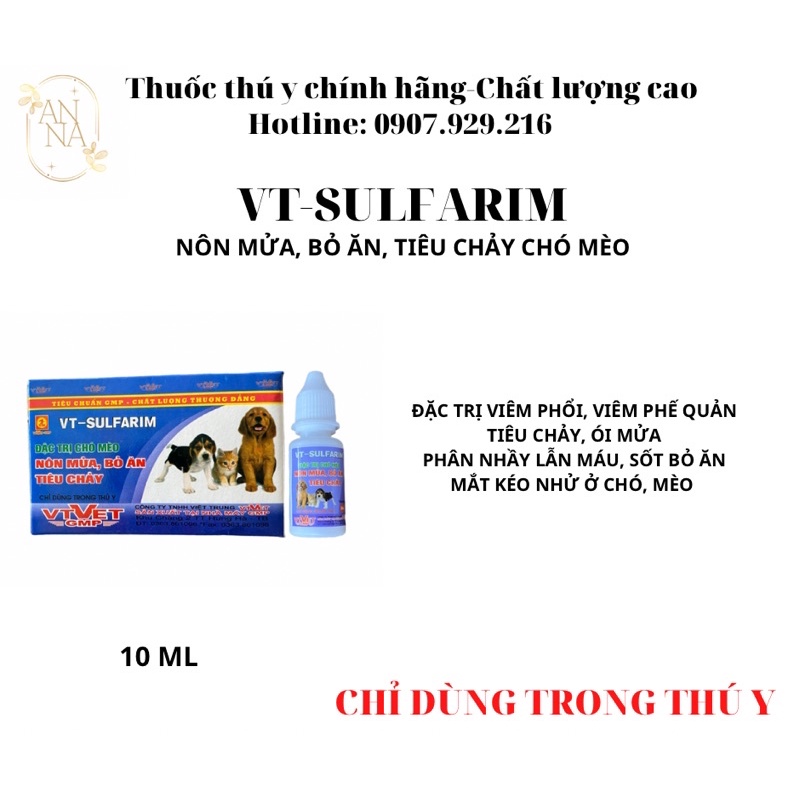 VT-SULFARIM nôn mửa, bỏ ăn, tiêu chảy chó mèo 10ml