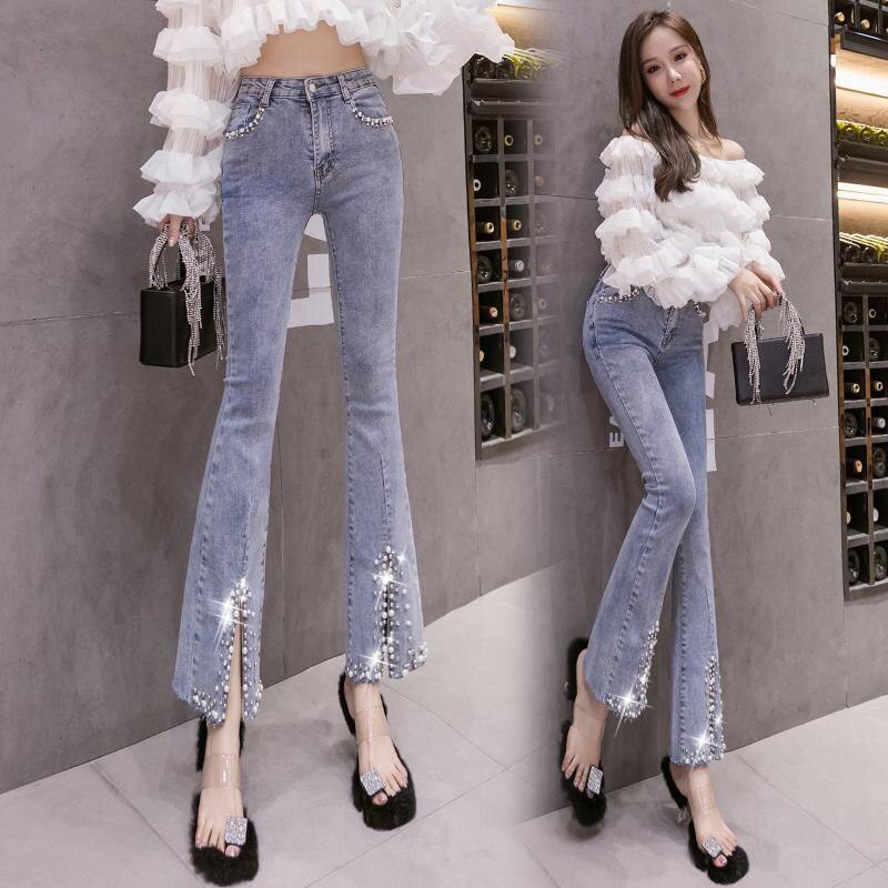 Pants Jeans Ankle-Length Pants Pearl Tassel Little Man High-Waist Jeans Micro Flared Pants Thin Jeans