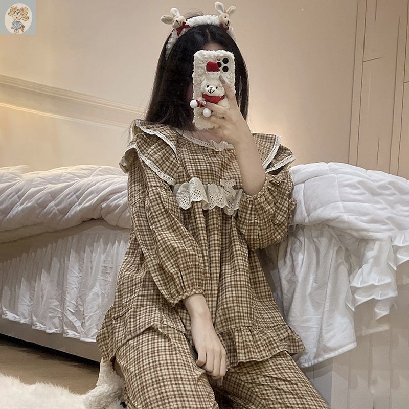 Set bộ cổ tròn sọc caro nâu tay dài quảng châu