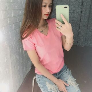 Áo thun cổ tim pull&bearr- Kèm video cận chất vải