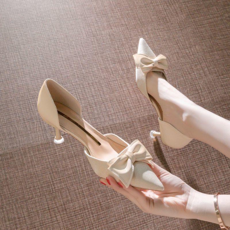 High Heels Autumn 2021 New Trendy Bow Mid-Heel Pointed Single Shoes Wild Fairy Style Stiletto Sexy Fashion