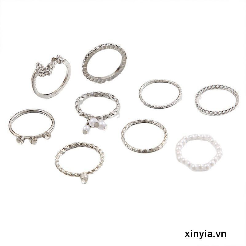 Set 9 Nhẫn Đeo Khớp Ngón Tay Đính Đá Pha Lê / Ngọc Trai / Kim Cương Hình Bướm Cho Nữ