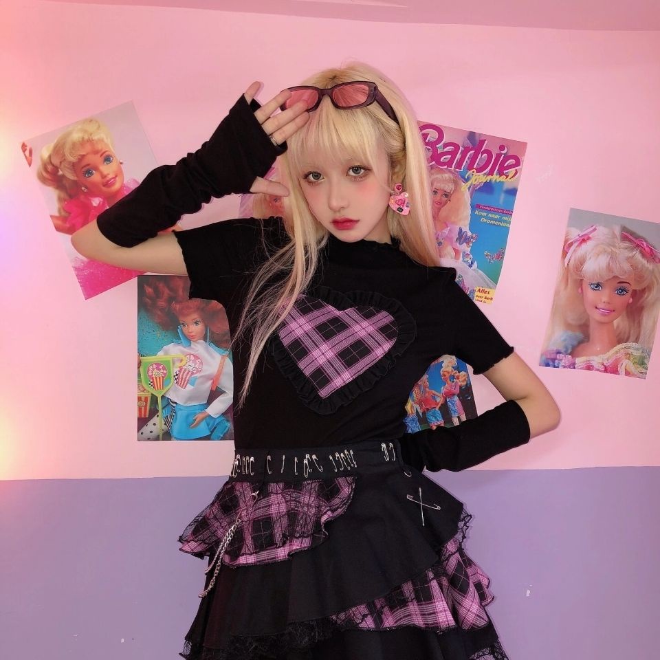 Áo Thun Cotton Tay Ngắn Dáng Ôm Phối Ren Họa Tiết Sọc Hồng Y2K Y2K Phong Cách Punk Cho Nữ