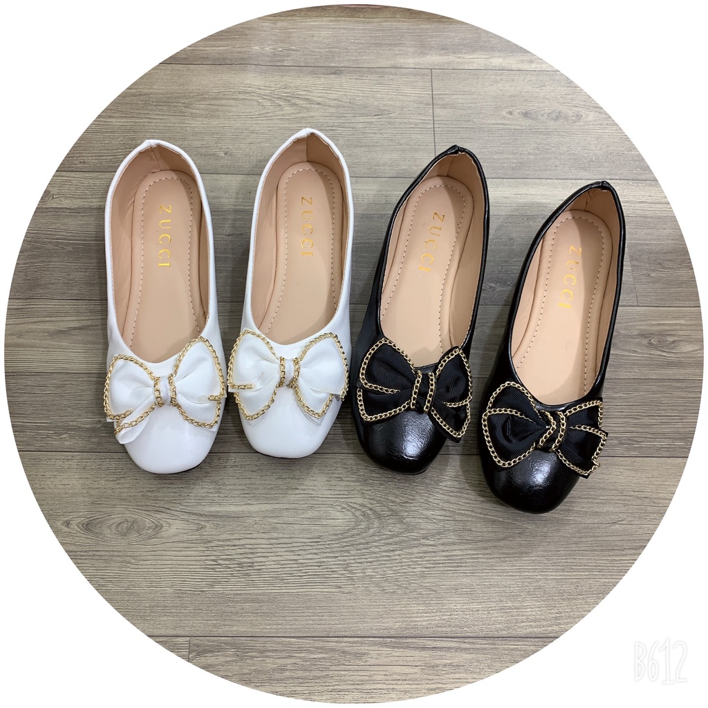 giày búp bê nữ chất da bóng phối hai màu đen trắng mã HT03