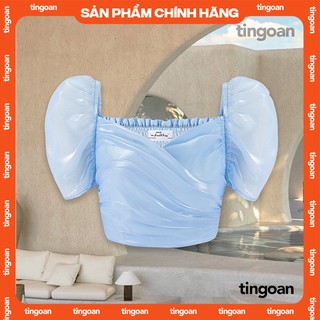Áo croptop co giãn tay bồng vạt chéo bóng kính xanh tingoan ALANIE TOP/BLUE