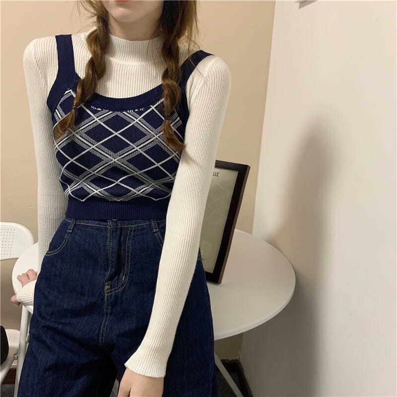 Mới Áo hai dây dệt kim dáng ôm kẻ sọc caro đính đá dễ phối đồ | BigBuy360 - bigbuy360.vn