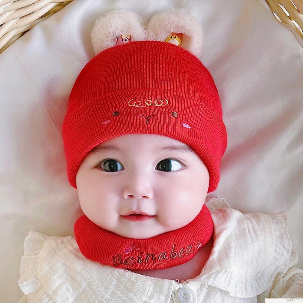 Set nón và khăn choàng cổ giữ ấm mùa đông mềm mại co giãn thêu họa tiết dễ thương cho bé sơ sinh