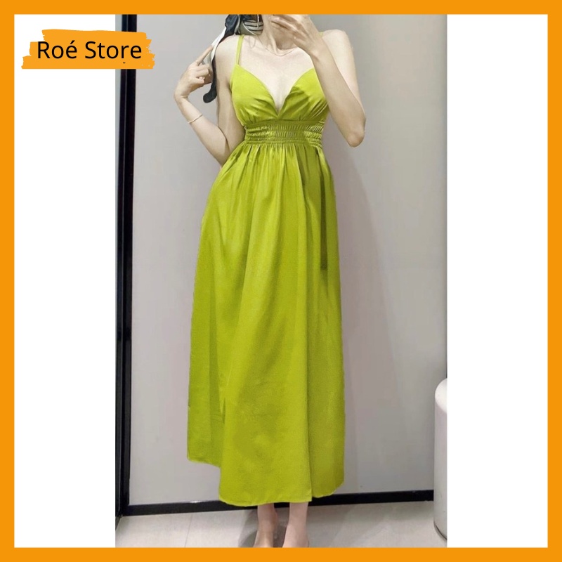 Đầm Váy 2 Dây Bo Chun Dáng Dài Có Lót Ngực Vải Thô Cao Cấp Mềm Mát - Màu Xanh Cốm, Trắng Roé Store
