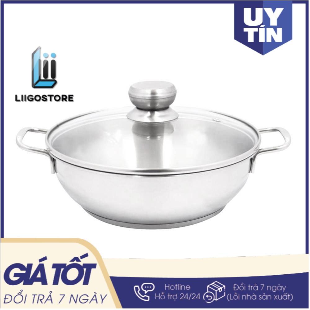 [INOX CAO CẤP] Nồi lẩu um xào inox 26cm bếp từ nắp kính