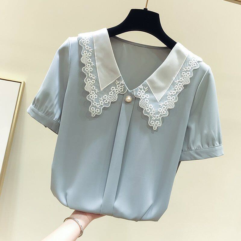 Áo Sơ Mi Chiffon Mỏng Dáng Rộng Tay Cộc Cổ Búp Bê Phong Cách Phương Tây Thời Trang Mùa Hè 2022 Dành Cho Nữ