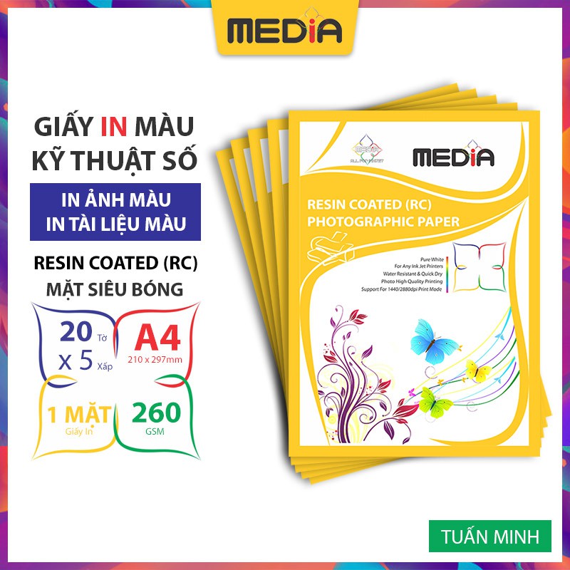 Bộ 5 Xấp Giấy In Ảnh Cao Cấp Media RC 1 Mặt Siêu Bóng A4 260gsm 20 Tờ x 5