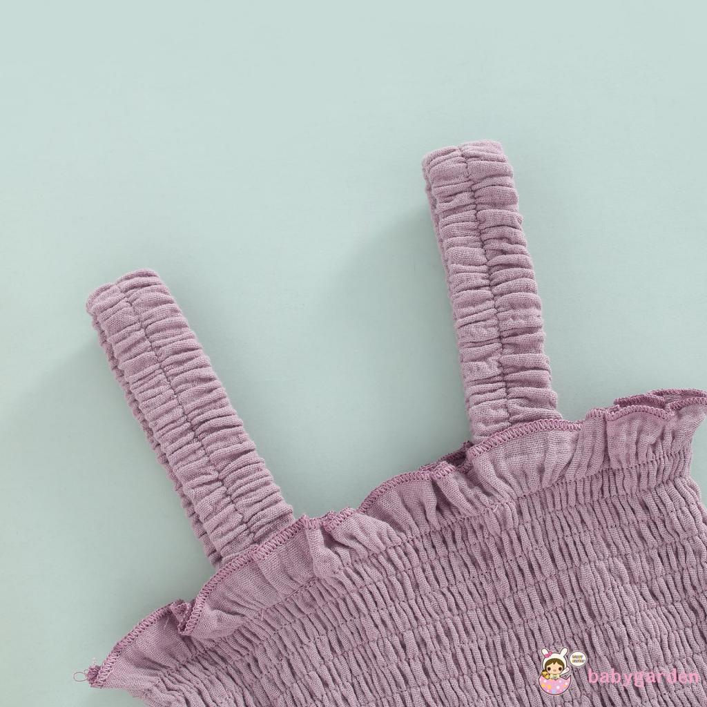 Bộ Áo Liền Quần Mùa Hè Không Tay Màu Trơn Có Diềm Xếp Nếp + Băng Đô Cho Bé Gái 0-24 Tháng Tuổi