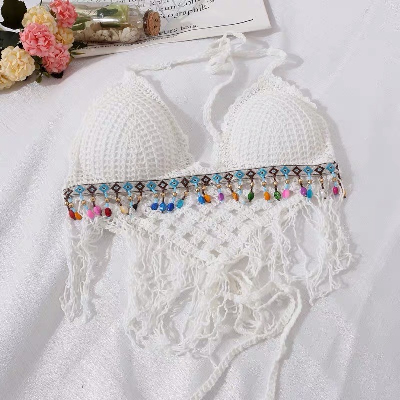 set 3 món - bra tam giác mix ngọc + quần ren hoa xẻ vạt sexy + choàng ren hạt choàng ren hạt gạo tay loe (có tách rời)