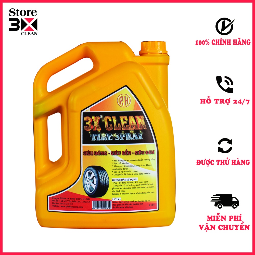 Dung Dịch Đánh Bóng Lốp Vỏ Xe Ô Tô Xe Máy 3x Clean 6 LÍT Bảo Dưỡng Làm Đen BóngTất Cả Bề Mặt Cao Su 3X Clean 6 Lít