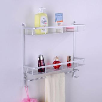 Giá để đồ nhà tắm nhà bếp chất liệu hợp kim nhôm dày đẹp, thiết kế 2 tầng kèm móc treo
