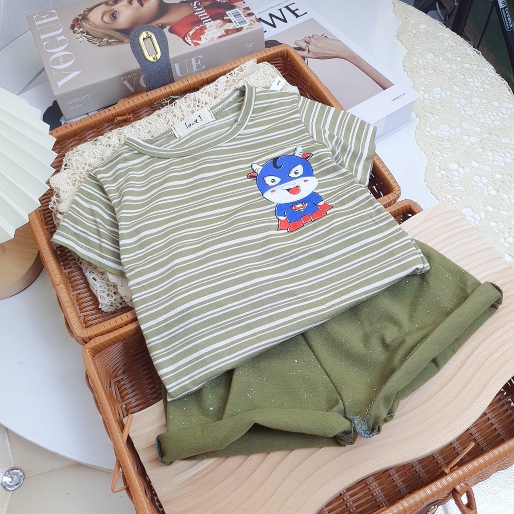 Bộ Cotton Mùa Hè Áo Kẻ Ngang Chất vải Mát Lạnh Nhiểu Màu sắc Họa Tiết Cho Bé 6 Màu B1010