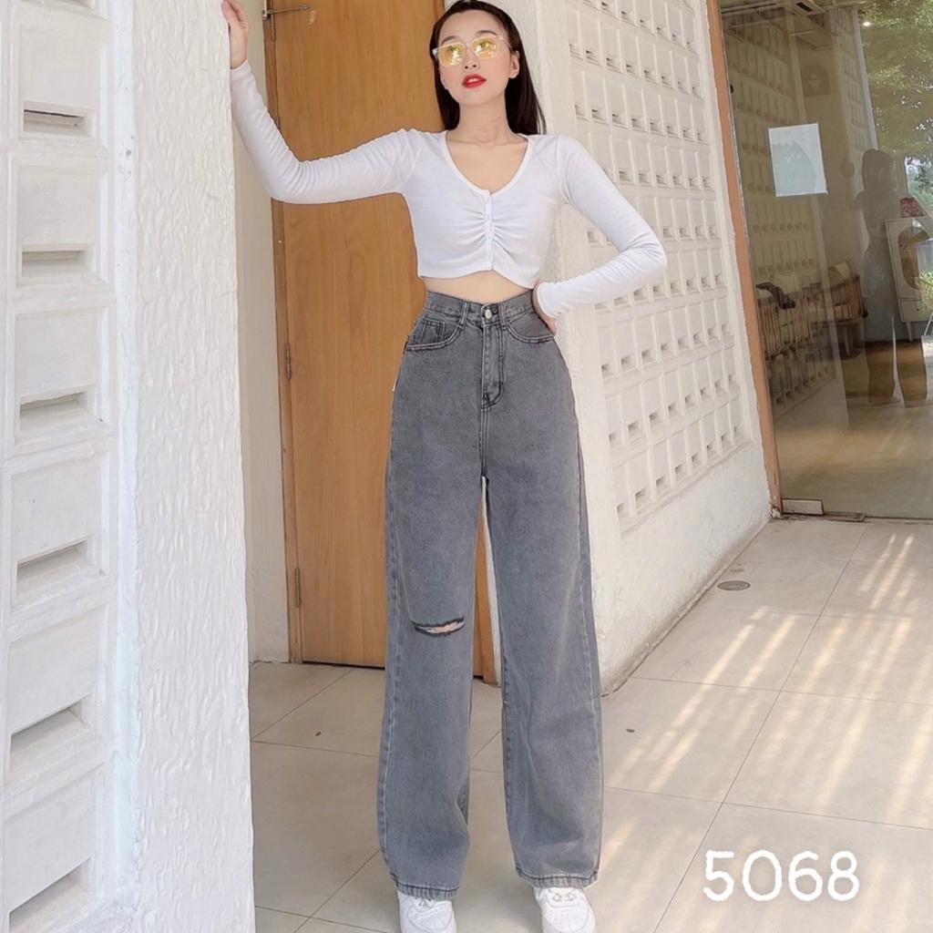 Quần Jean nữ ống suông cạp cao rách gối xanh nhạt, chất bò dày dặn, không nhăn, không xù khi giặt MT5047 | BigBuy360 - bigbuy360.vn