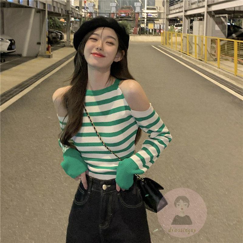 Áo Thun Dài Tay Cổ Tròn Họa Tiết Sọc Ngang Thời Trang Dành Cho Nữ