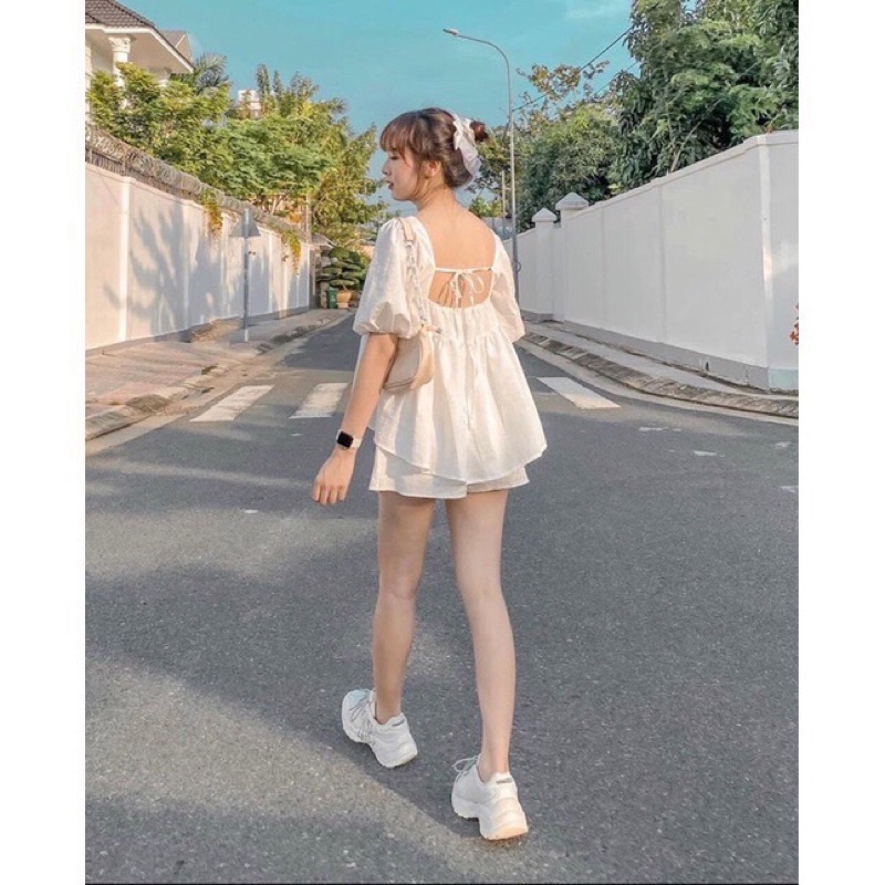 Set Đũi Babydoll Tiểu Thư Ulzzang🦋 BỘ Áo Trắng Kèm Quần Short Nữ Buộc Nơ Dây Sau🦋