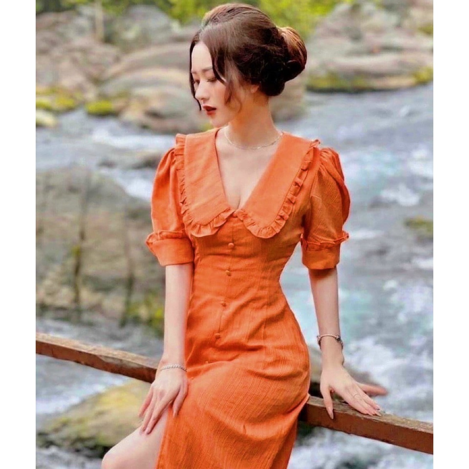 Đầm váy freesize cam cổ bèo nút bọc