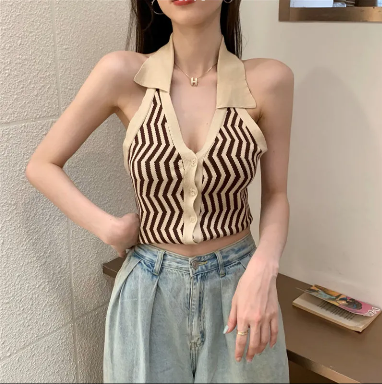 Áo cổ yếm chữ V phối sọc hở lưng thời trang dành cho nữ