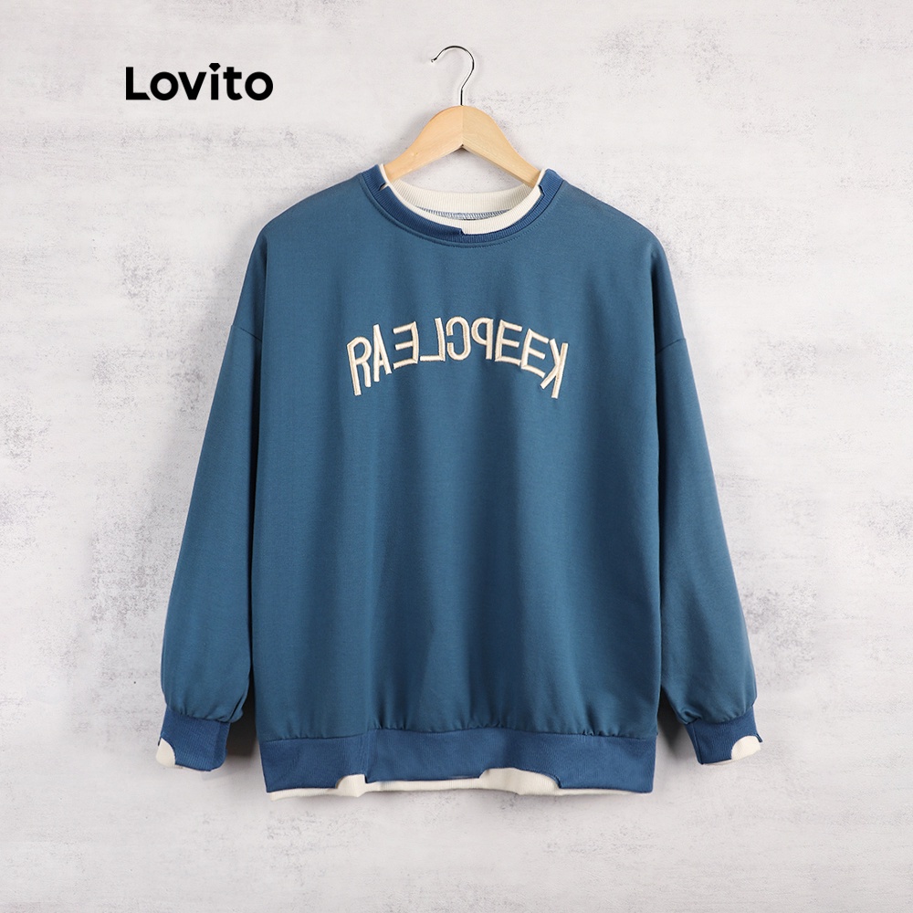 Áo sweatshirt Lovito in chữ giản dị 2 trong 1 L07994 (xanh lam) | BigBuy360 - bigbuy360.vn