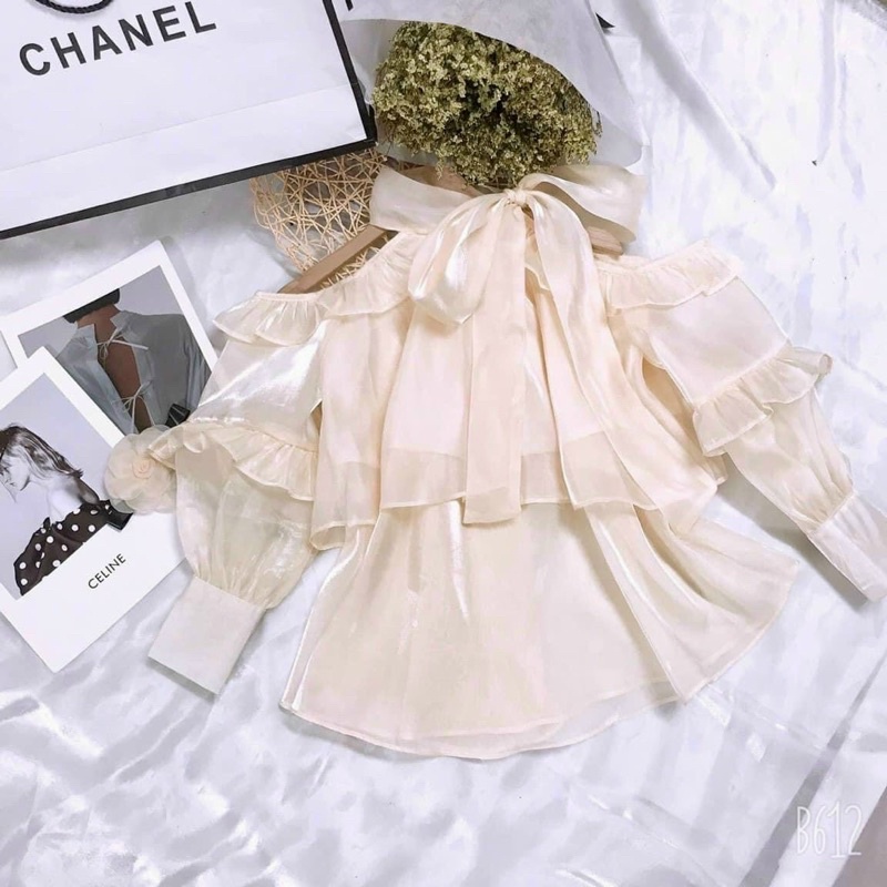 Áo Tơ Cổ Yếm Thắt Nơ Tiểu Thư Xinh, Áo Tơ Bánh Bèo Trễ Vai