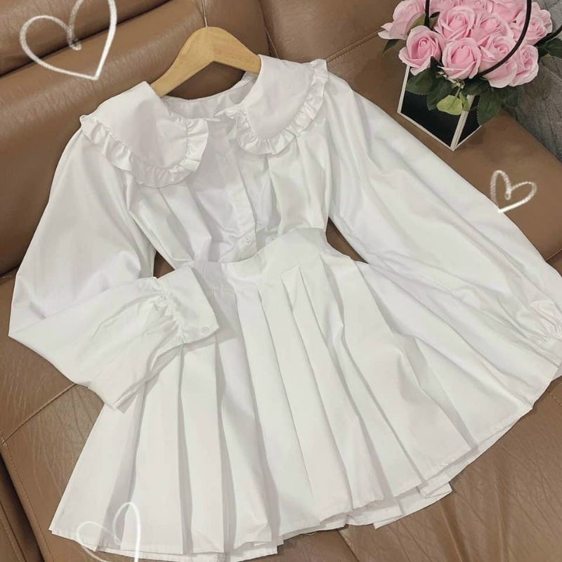 HÀNG SẴN HÀNG SẴN SET ÁO CỔ BÈO CHÂN VÁY TENNIS TRẮNG🎀VIDEO THẬT SHOP QUAY SIÊU HOT SIÊU HOT