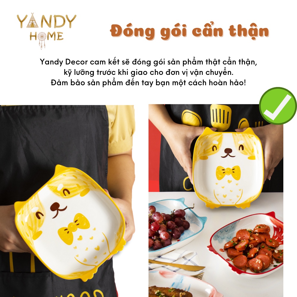 Đĩa sứ vuông cute YANDY HOME D06 hình cún mèo cú ngộ nghĩnh dễ thương