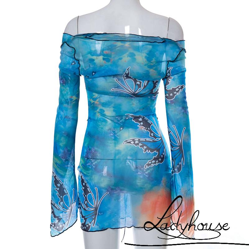 Váy body Tay Dài Cổ Chữ V Khoét Sâu In Họa Tiết Bướm Quyến Rũ Cho Nữ