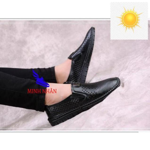 🤺 Minh Nhân - Giày mùa hè nam da bò Giày đục lỗ nam đẹp thoáng khí Giày lười nam da bò hàng hiệu giá rẻ H-6 màu đen 🤺