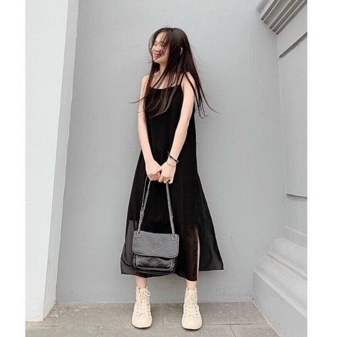 Váy 2 dây suông xẻ chất voan có lót, đầm hai dây trơn dài qua gối tiểu thư bánh bèo