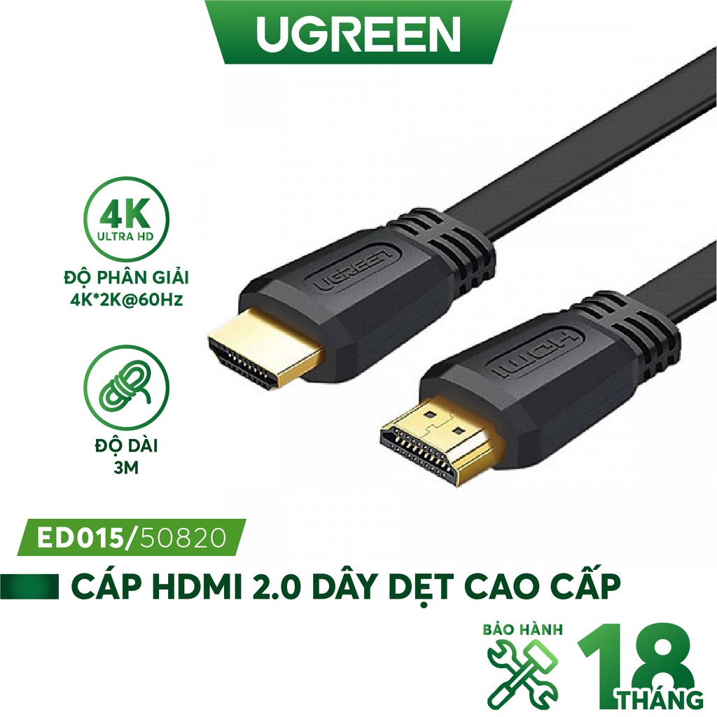 Cáp HDMI 2.0 hỗ trợ 4k*2k, 3D Full HD1080 dạng dây dẹt màu đen dài từ 1.5-5m UGREEN ED015 - Hàng phân phối chính hãng