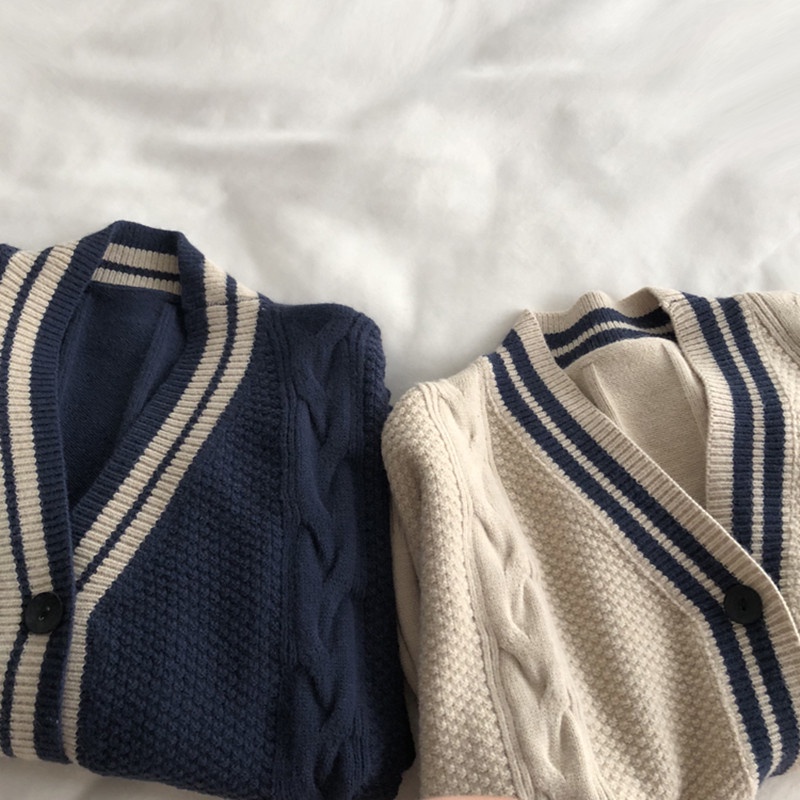 SUXI Áo khoác cardigan dệt kim tay dài cổ chữ V phong cách mùa thu Hàn Quốc thanh lịch cho nữ