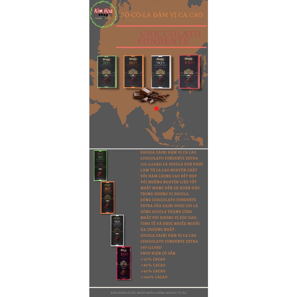 Sô cô la đậm vị ca cao ZAINI Cioccolato Fondente 75G  70%-80%-90%-100% MADE IN GERMANY