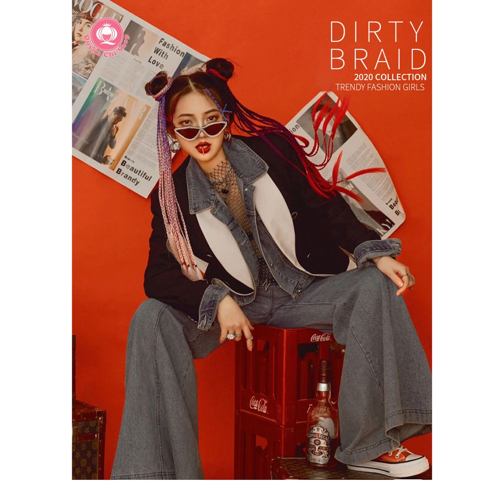 Tóc giả thắt bím cho nữ đầy đủ màu khói dài 60cm, màu sắc cá tính nổi bật phong cách Âu Mỹ