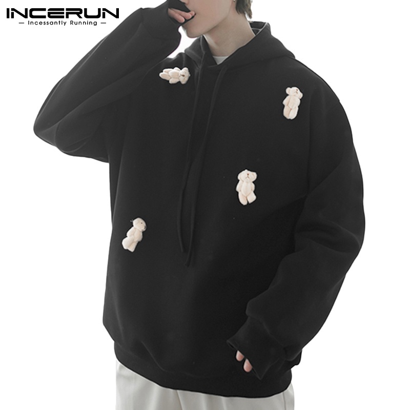 Áo sweatshirt INCERUN có mũ trùm đầu tay dài dáng rộng họa tiết chú gấu thời trang mùa đông cho nam